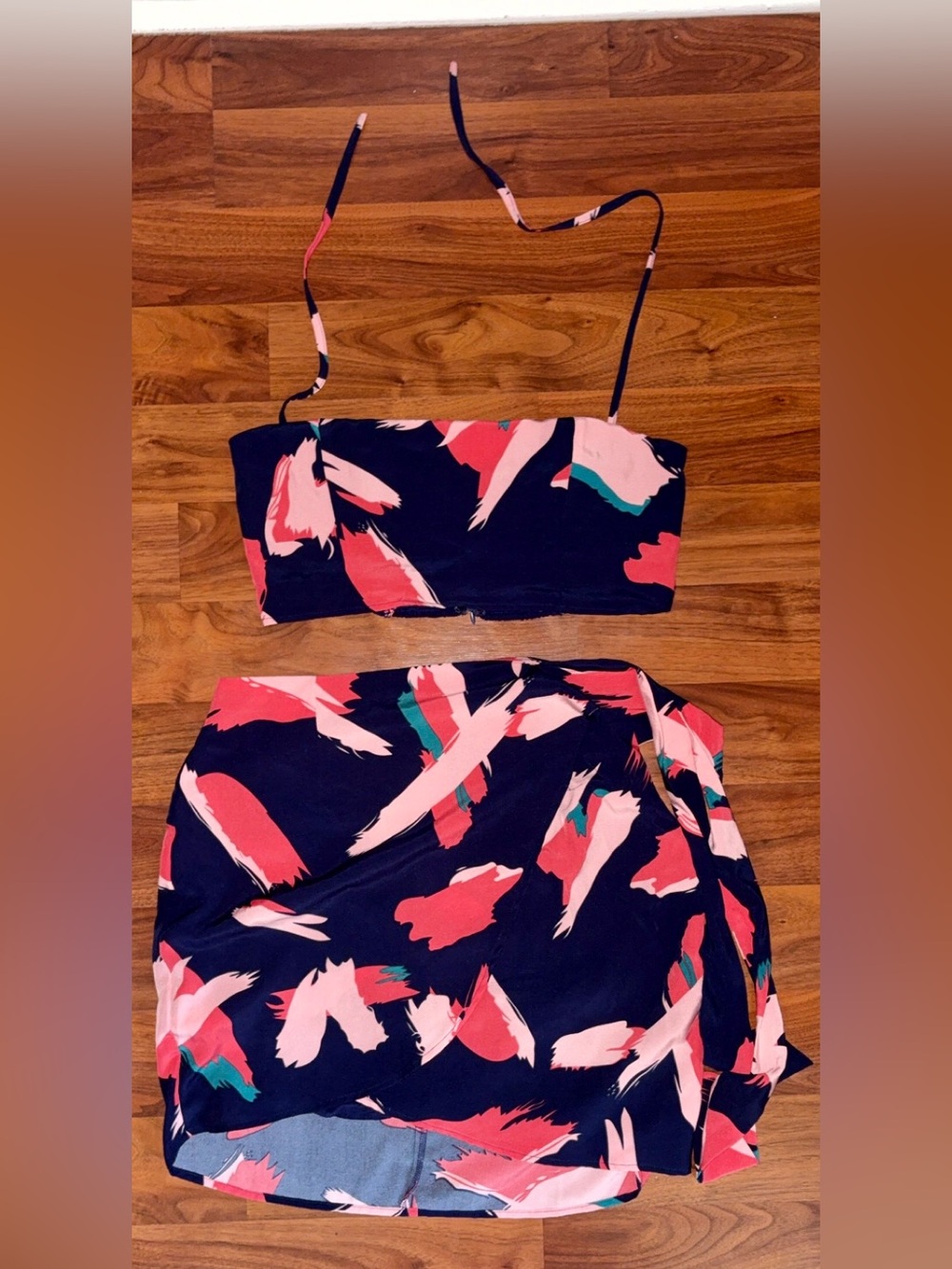 Lulu's Navy Bandeau Crop Top & Skirt Set with Pink Brushprint